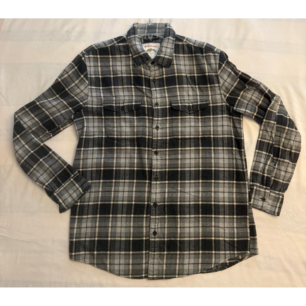 American Eagle Mens Large Tall Flannel Shirt Black Grey Plaid Cotton Button Down